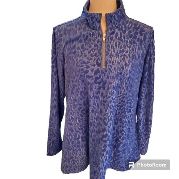 Susan Graver Weekend Blue Leopard Plush Quarter Zip Pullover Large - Picture 1 of 12